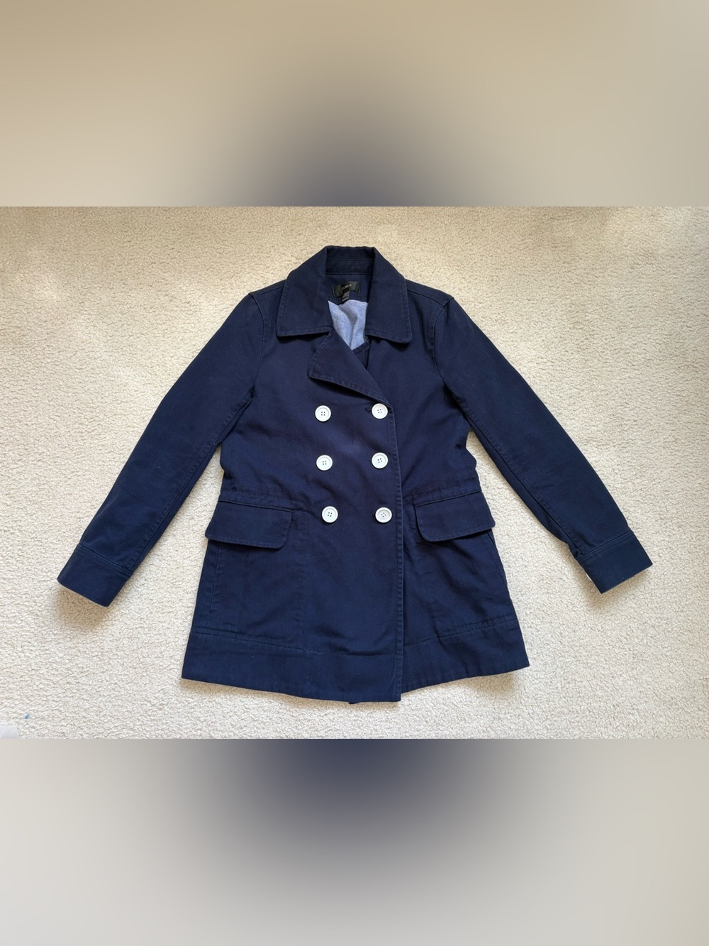 J. Crew navy blue cotton twill double breasted peacoat sz 2 nautical preppy chic
